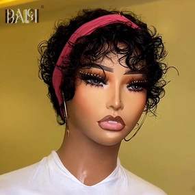 BAISI Machine Made Pixie Tapered Cut Curly Wig