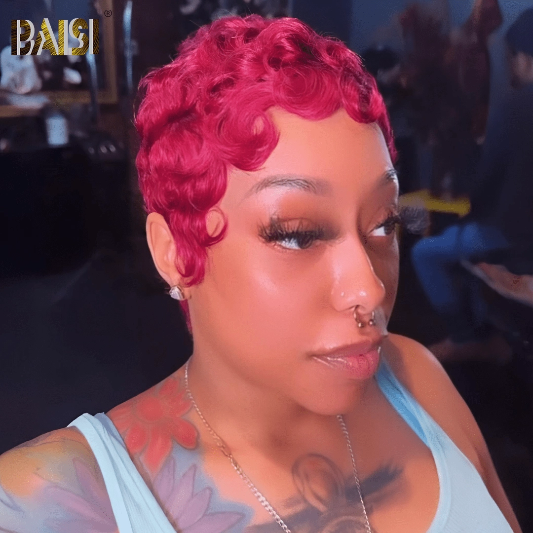 BAISI Machine Made Rosy Pink Finger Wave Wig