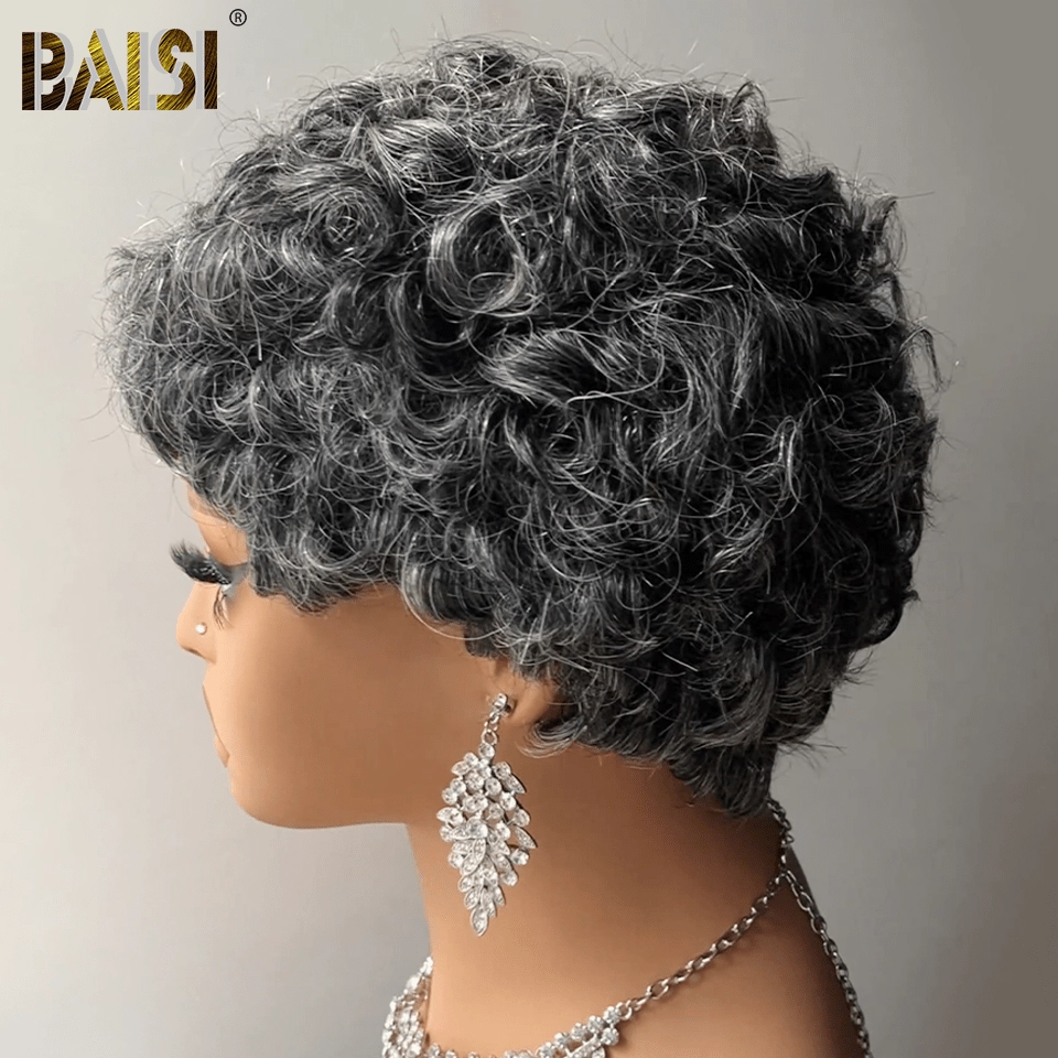BAISI Machine Made Salt And Pepper Short Cut Wig
