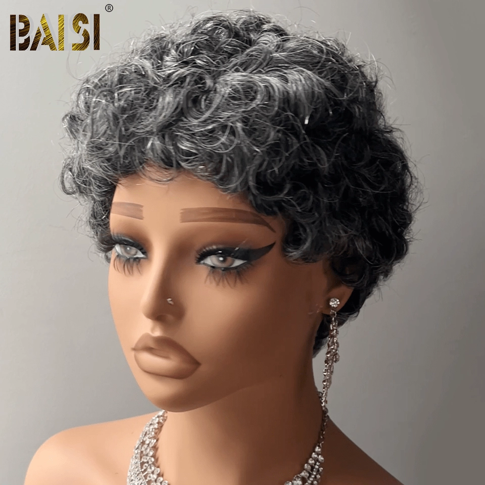 BAISI Machine Made Salt And Pepper Short Cut Wig