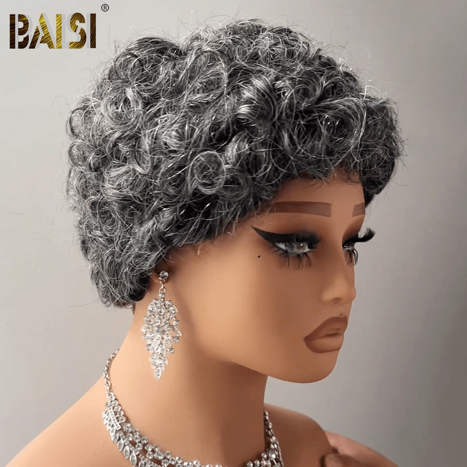 BAISI Machine Made Salt And Pepper Short Cut Wig