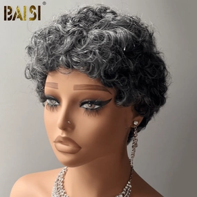 BAISI Machine Made Salt And Pepper Short Cut Wig
