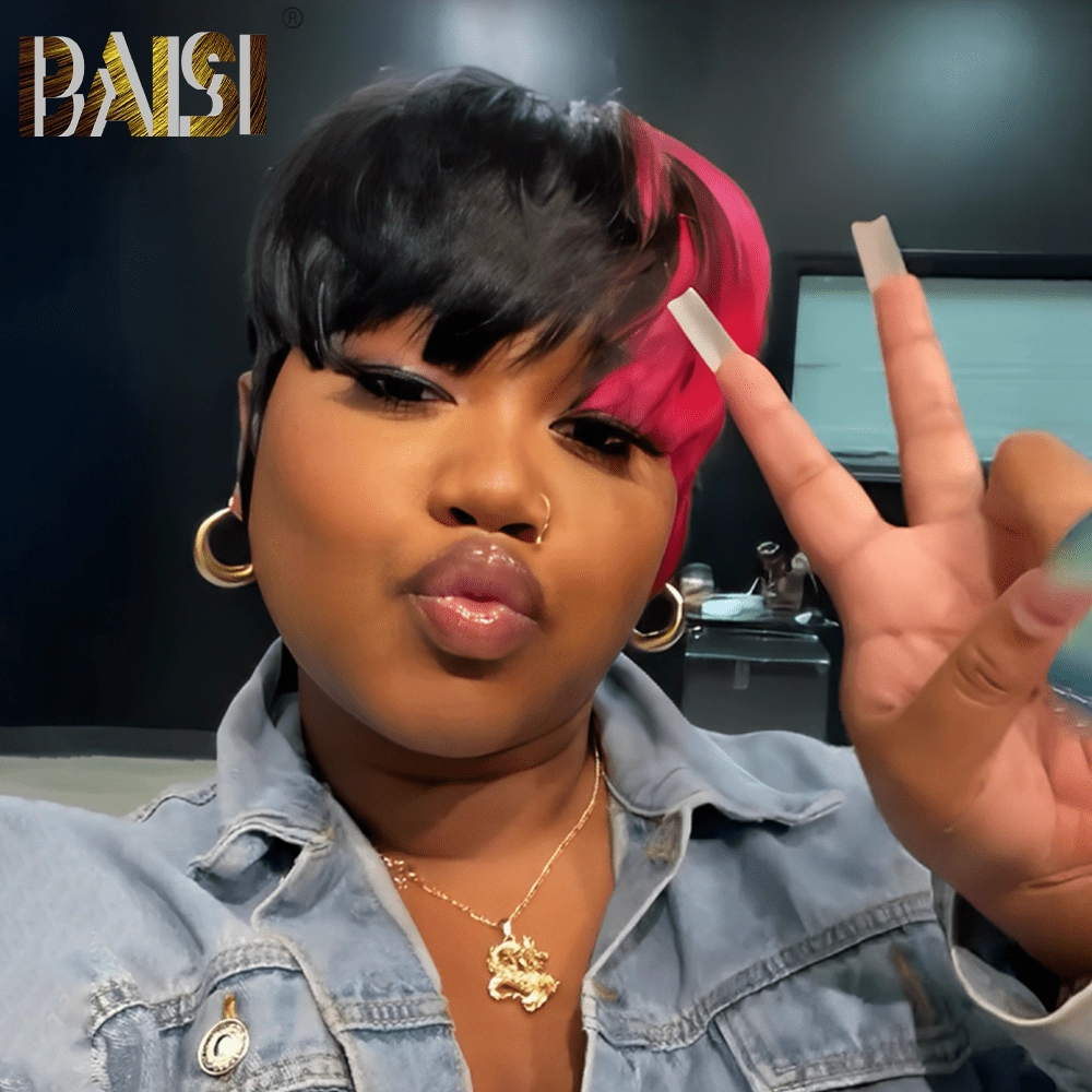 BAISI Machine Made Short Cut With Rose Pink Wig