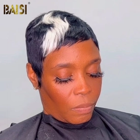BAISI Machine Made Short Cut With White Highlight Wig