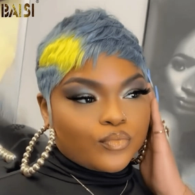BAISI Machine Made Silver Blue Pixie Cut Wig