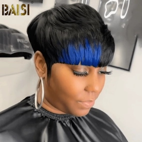 BAISI Machine Made Wig With Blue Highlight