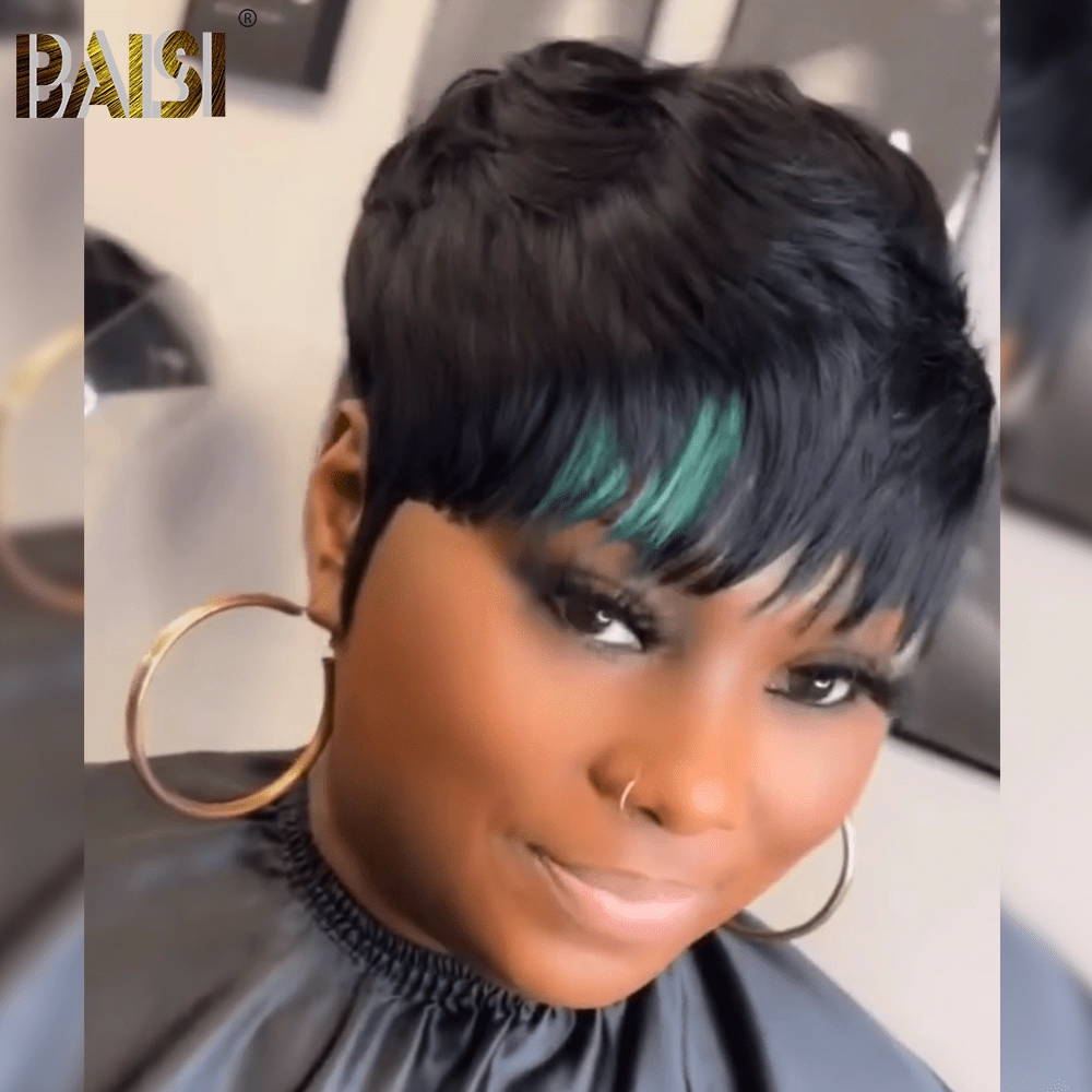 BAISI Machine Made Wig With Green Highlight