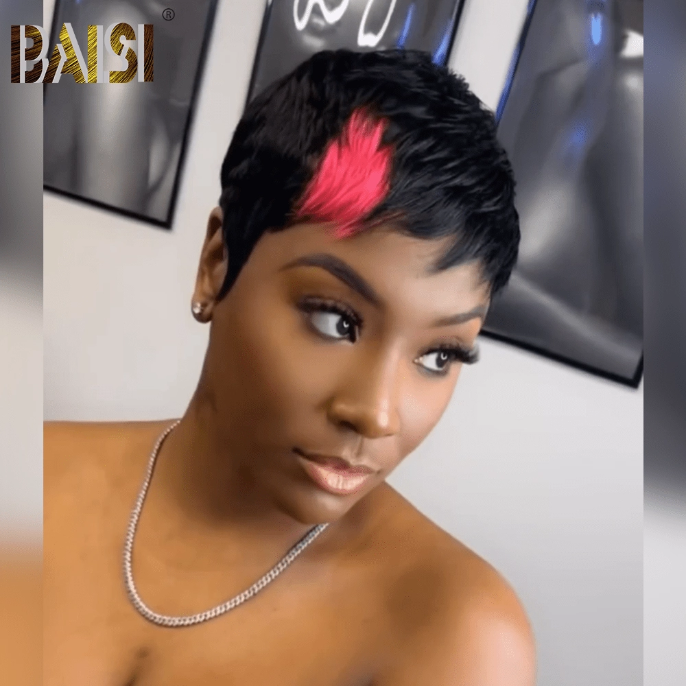 BAISI Machine Made With Pink Short Cut Wig