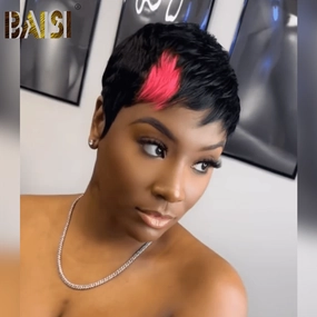 BAISI Machine Made With Pink Short Cut Wig