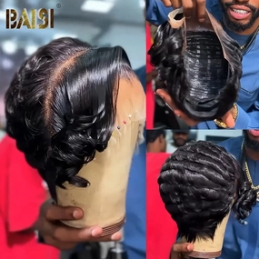 BAISI Natural Black Finger Wave Lace Wig