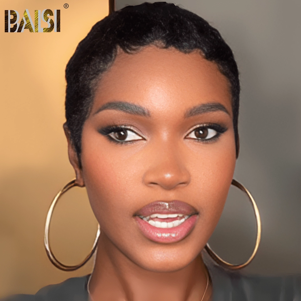 BAISI Natural Black Super Short Full Lace Straight Wig
