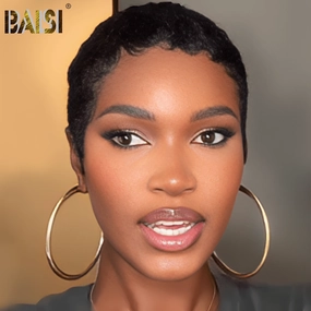 BAISI Natural Black Super Short Full Lace Straight Wig