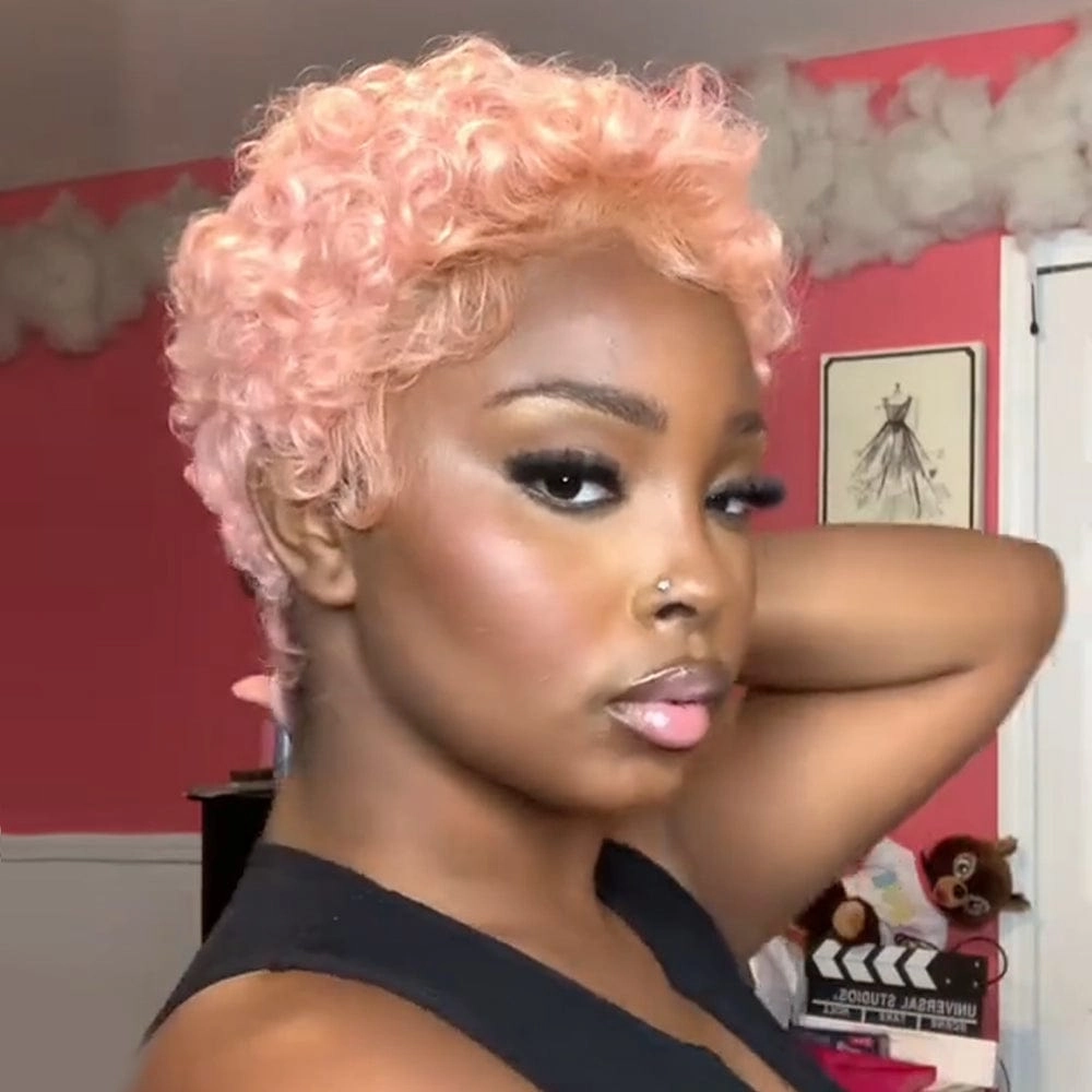 BAISI Pink Pixie Curly Lace Wig