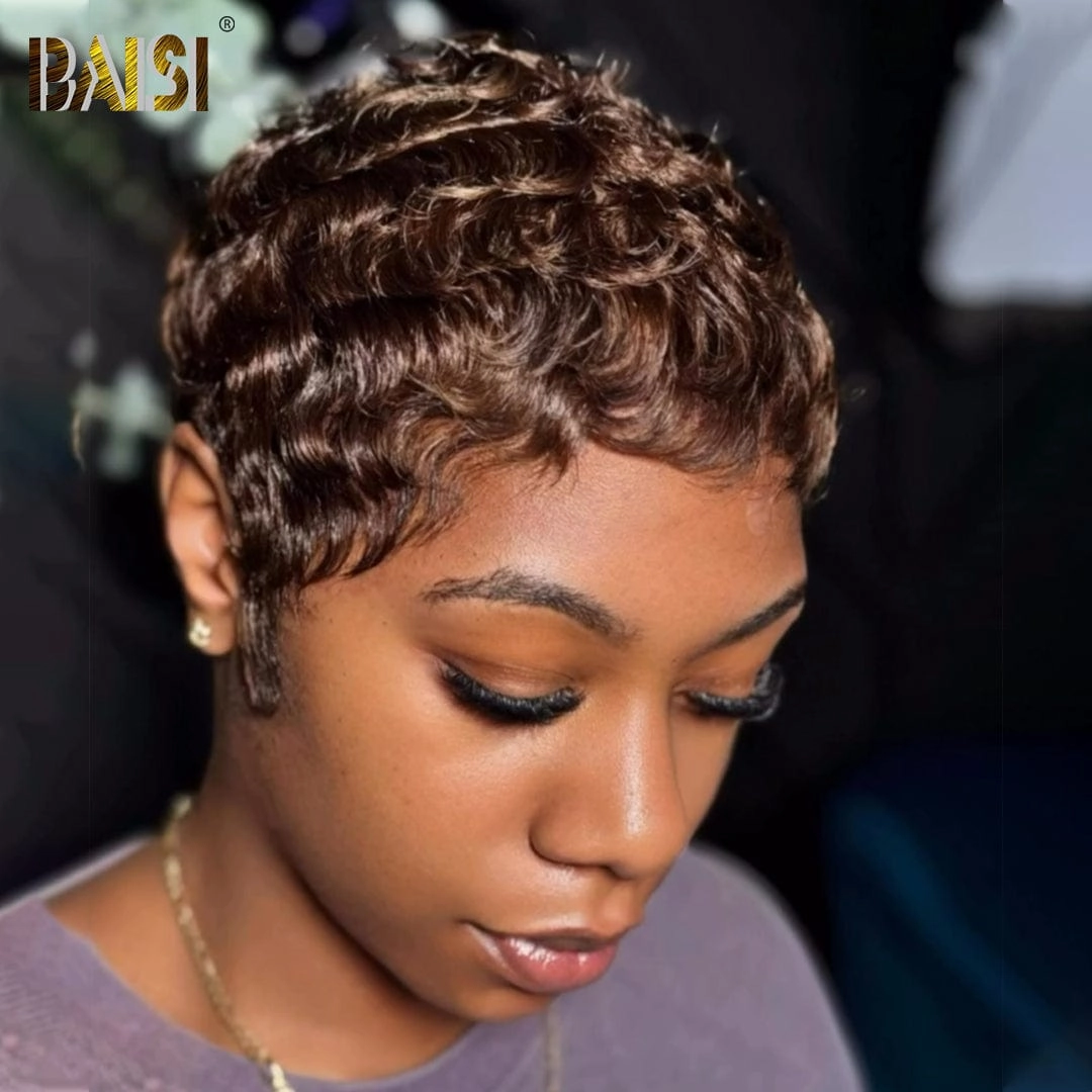 BAISI Pixie #4 Brown Finger Wave Machine Made Wig