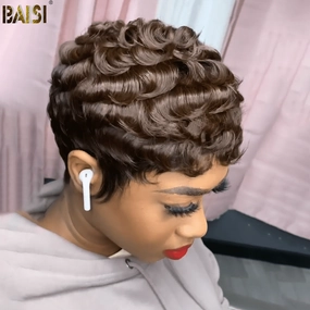 BAISI Pixie Brown Finger Wave Wig