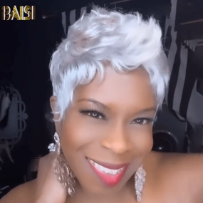 BAISI Pixie Cut Machine Made Silver Grey Wig