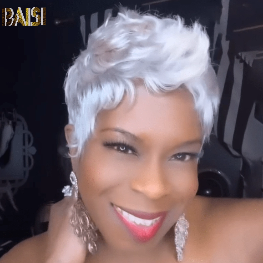 BAISI Pixie Cut Machine Made Silver Grey Wig