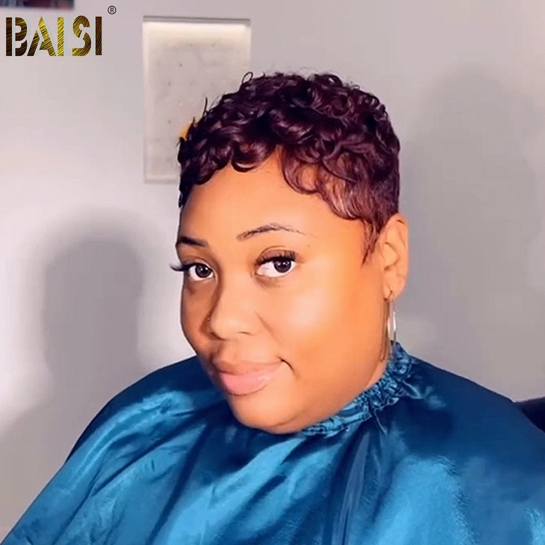 BAISI Pixie Dark Purple Finger Wave Machine Made Wig