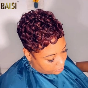 BAISI Pixie Dark Purple Finger Wave Machine Made Wig