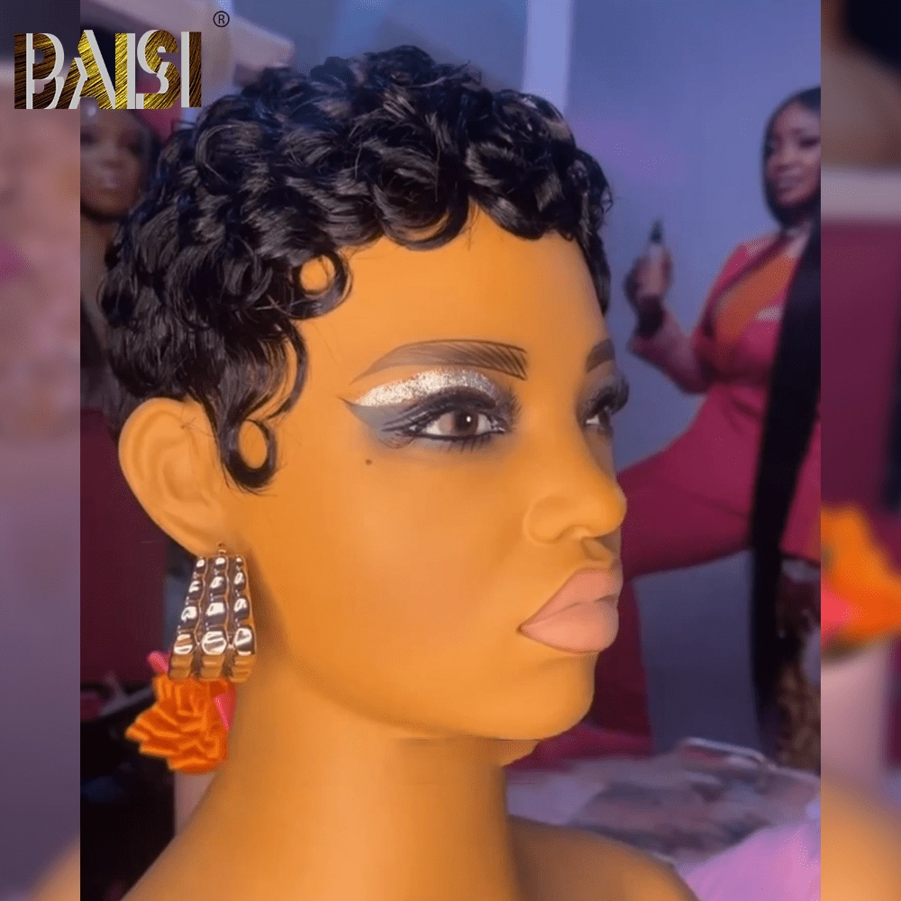 BAISI Pixie Finger Wave Machine Made Wig