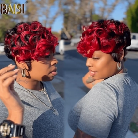 BAISI Pixie Quick Wave With Red Short Lace Wig