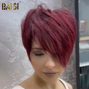 BAISI Pixie Side Burgundy Short Wig