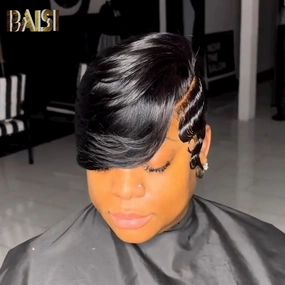 BAISI Pixie Side Part With Finger Wave Lace WIg