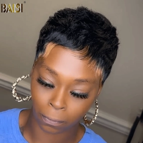 BAISI Pixie Tapered Cut With Highlight Machine Made Wig