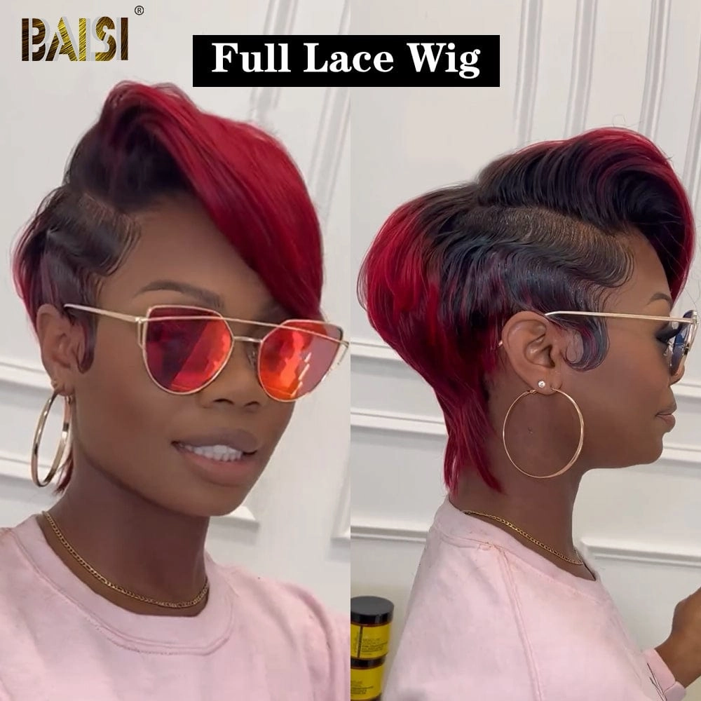 BAISI Red Full Lace Pixie Cut Wig