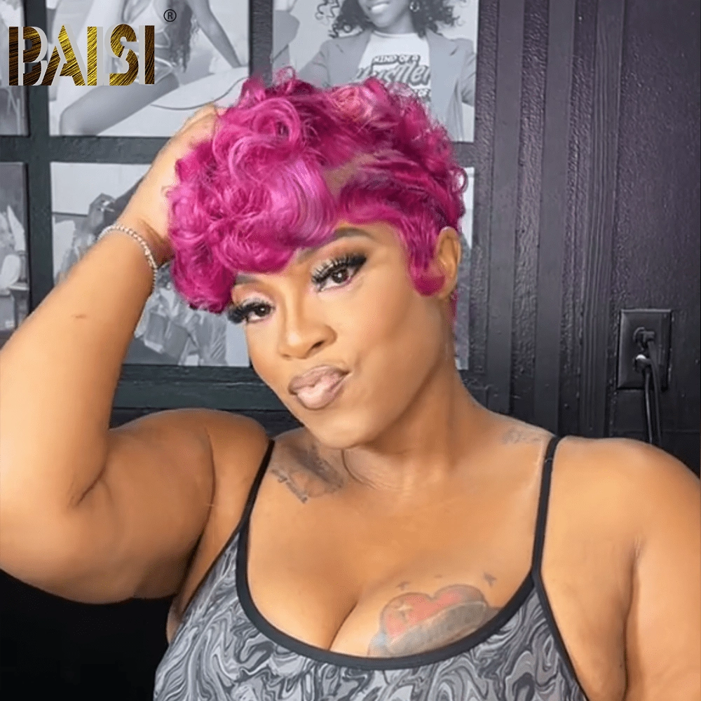 BAISI Rose Pink Pixie Short Full Lace Wig
