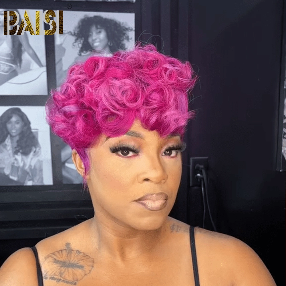 BAISI Rose Pink Pixie Short Full Lace Wig