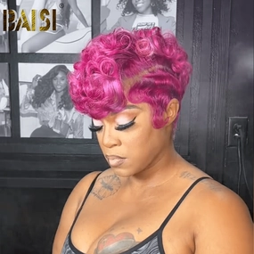 BAISI Rose Pink Pixie Short Full Lace Wig