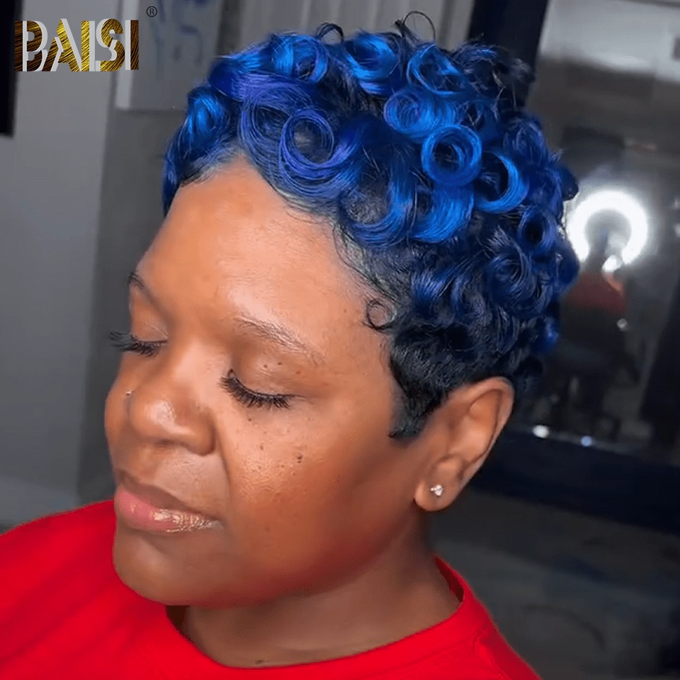 BAISI Royal Blue Finger Wave  Machine Made Wig