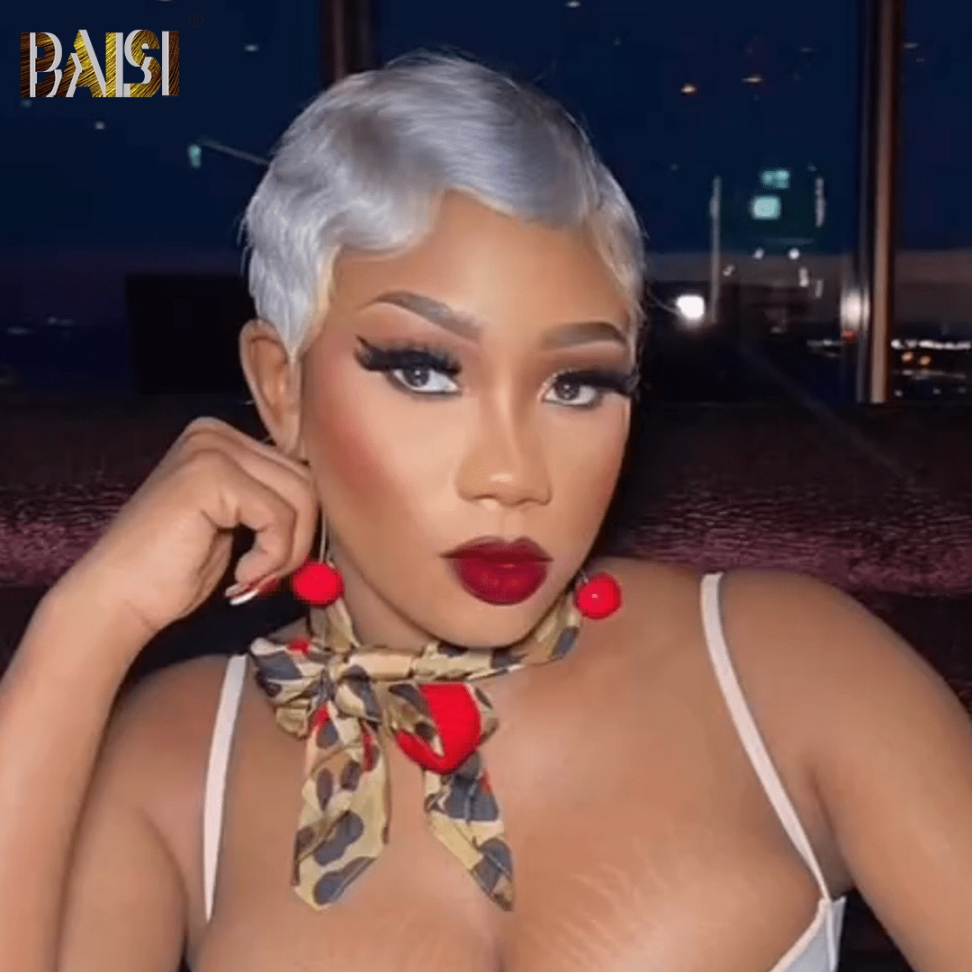 BAISI Sexy Silver Finger Wave Pixie Lace Wig