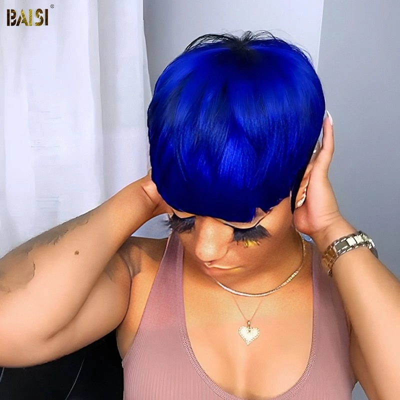 BAISI Shining Blue Machine Made Short Cut Wig