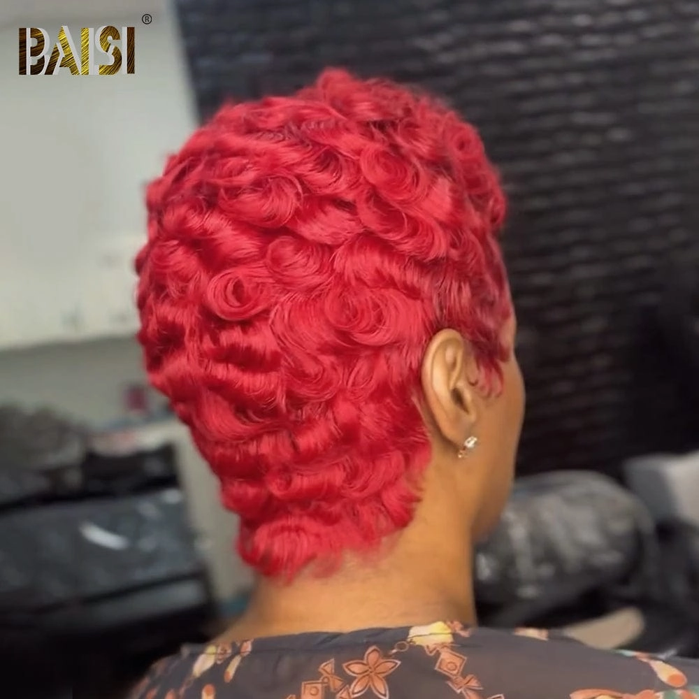 BAISI Shinning Red Pixie Finger Wave Machine Made Wig