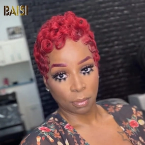 BAISI Shinning Red Pixie Finger Wave Machine Made Wig