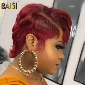 BAISI Short Red Pixie Straight Pixie Wig