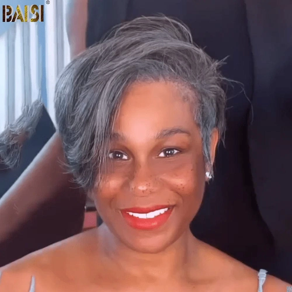 BAISI Short Side Part Grey Pixie Lace Wig