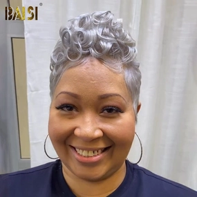 BAISI Short Silver Gray With Wavy Full Lace Wig