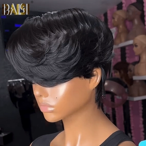 BAISI Side Part Natural Black Short Pixie Wig