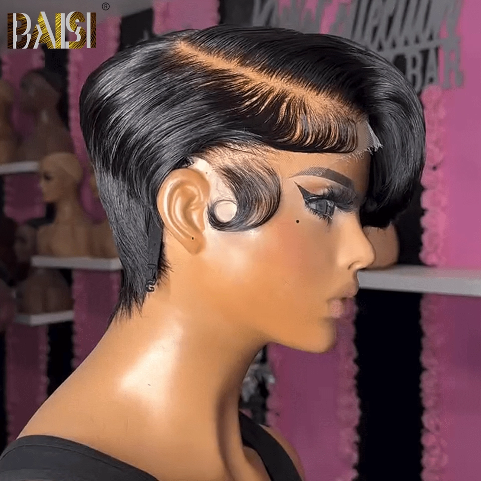 BAISI Side Part Natural Black Short Pixie Wig