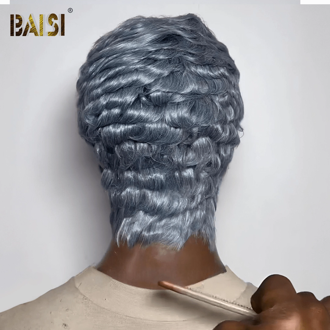 BAISI Silver Gray Pixie Cut Machine Made Wig