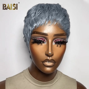 BAISI Silver Gray Pixie Cut Machine Made Wig