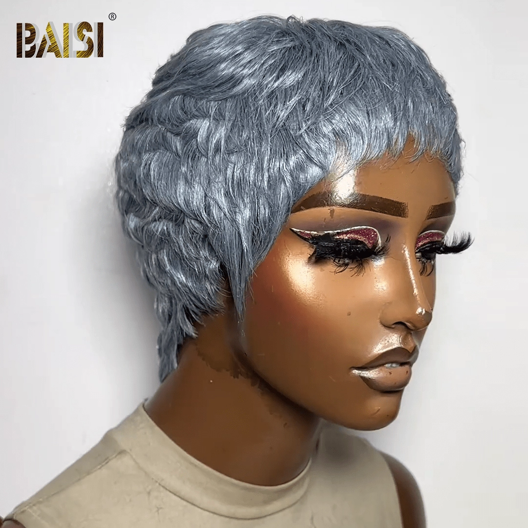 BAISI Silver Gray Pixie Cut Machine Made Wig