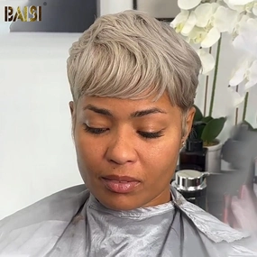 BAISI Silver Grey Short Straight Wig