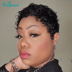 Bequeen 1B Natural Black Fashion Curly Pixie Wig
