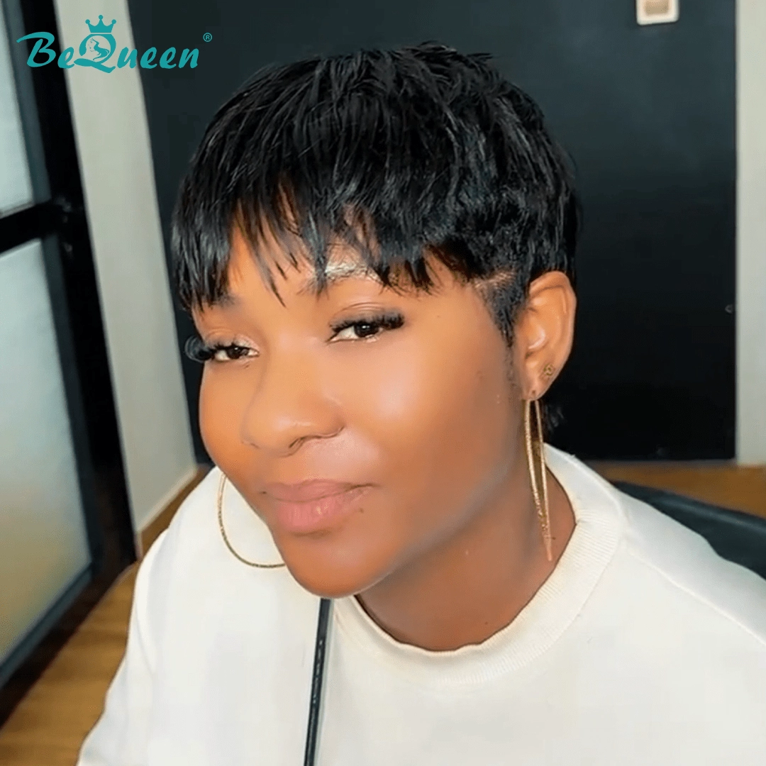 Bequeen 1B Natural Black Fashion Cut Lace Pixie Wig