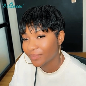 Bequeen 1B Natural Black Fashion Cut Lace Pixie Wig
