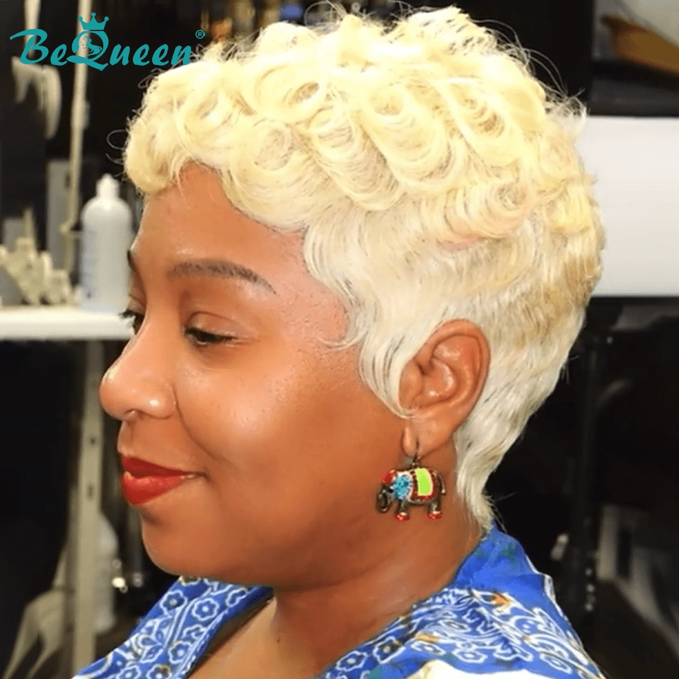 Bequeen Blonde Pixie Finger Wave Machine Made Wig